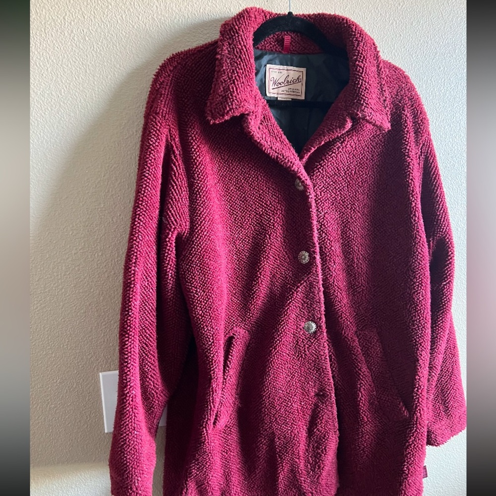 Woolrich Teddy Fleece Jacket Deep Red Made in USA Women's Large Cozy Sherpa